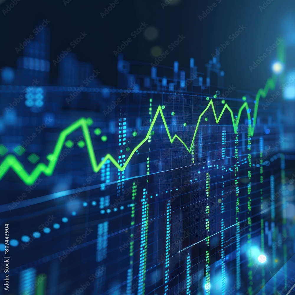 Naklejka premium Financial chart close up with upward trend line candlestick chart in stock market on blue color monitor background, stock currency and exchange chart display for financial and economic view
