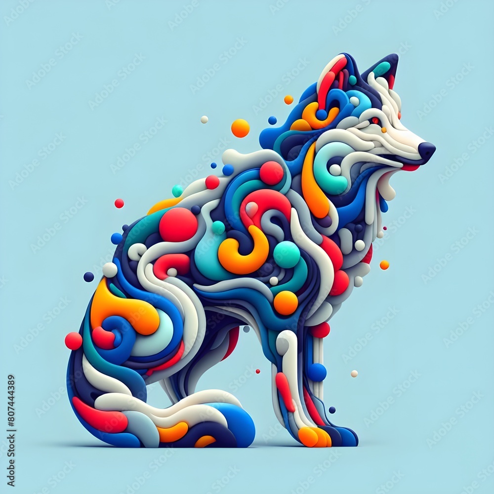 A wolf, minimalistic colorful organic forms, energy,asembled,leyeard, depth, alive vibrant,3d