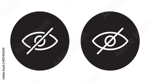 Sensitive content icon on black circle. Crossed eye, hide post concept