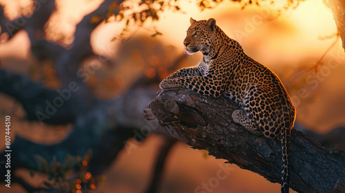 A leopard perches on an old tree trunk, looking at the camera in golden sunlight