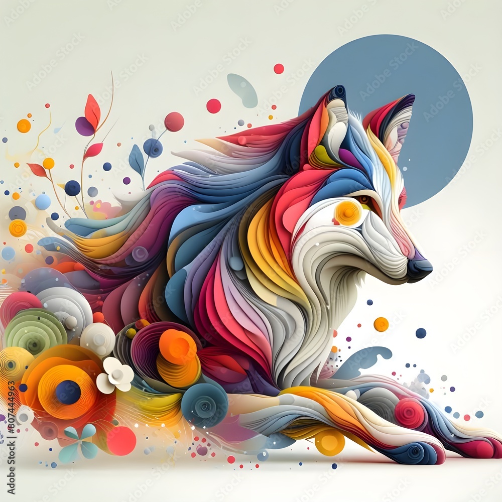 Obraz premium A wolf, minimalistic colorful organic forms, energy,asembled,leyeard, depth, alive vibrant,3d