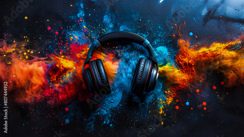 Headphones falling with colorful pigments power splash on black background. © Stewart Bruce