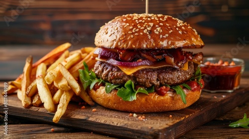 Delicious hamburger and french fries