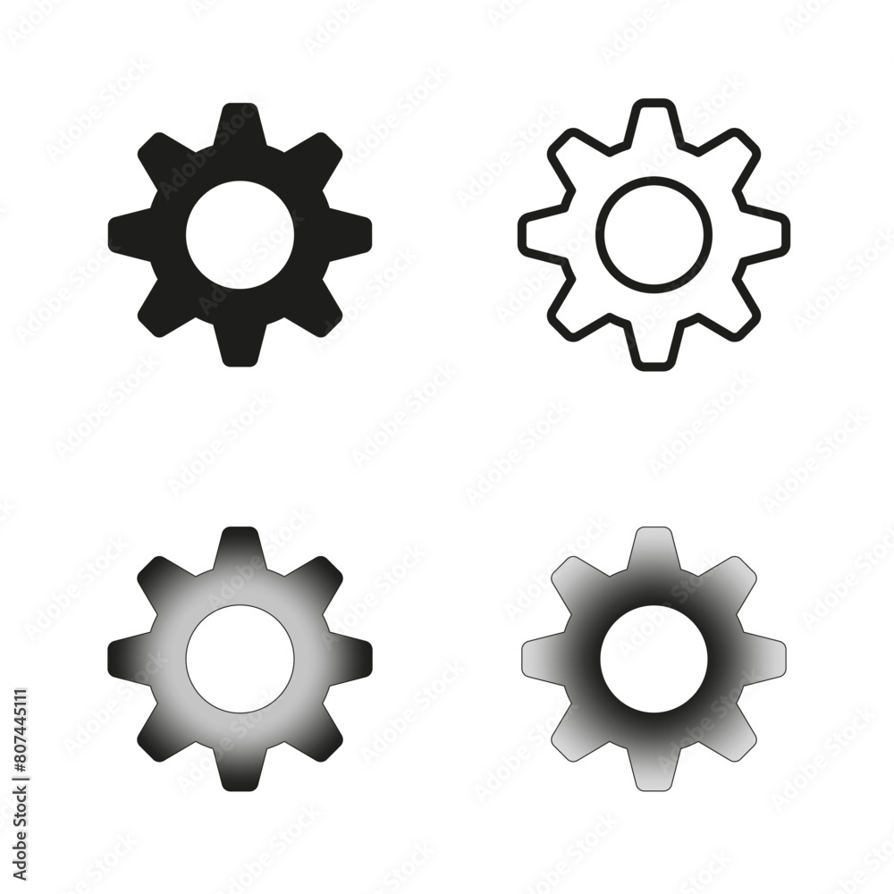 Gear Vector icons set. Machine cogwheel symbols in different styles. Engineering and mechanics concept. Black and gray variations. Gear Vector icons set. Machine cogwheel symbols in different styles. Engineering and mechanics concept. Black and gray variations.