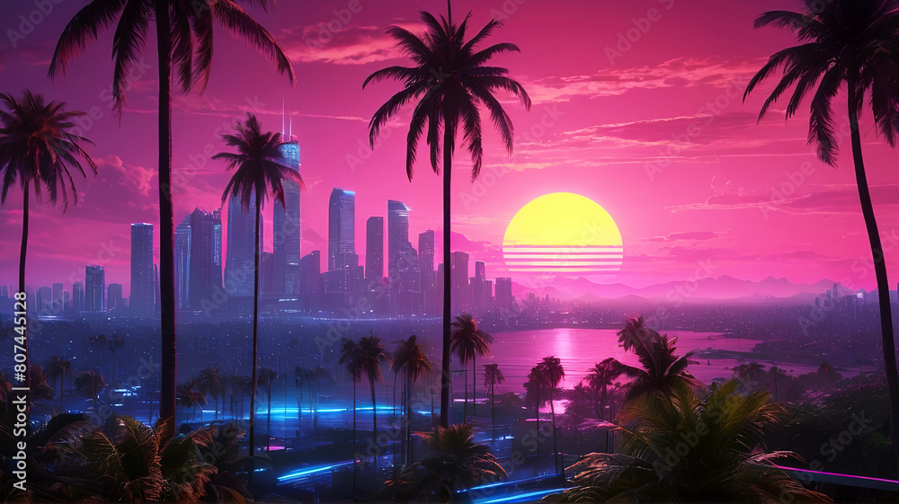 Naklejka premium Beautiful sunset over the city with palm trees and skyscrapers