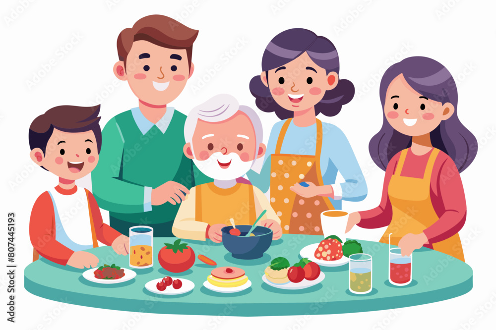 A family enjoying healthy food, a family eating healthy home-cooked food illustration A family enjoying healthy food, a family eating healthy home-cooked food illustration