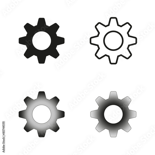 Gear Vector icons set. Machine cogwheel symbols in different styles. Engineering and mechanics concept. Black and gray variations.
