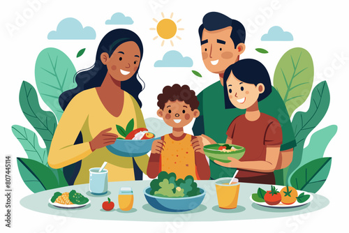 A family enjoying healthy food, a family eating healthy home-cooked food illustration