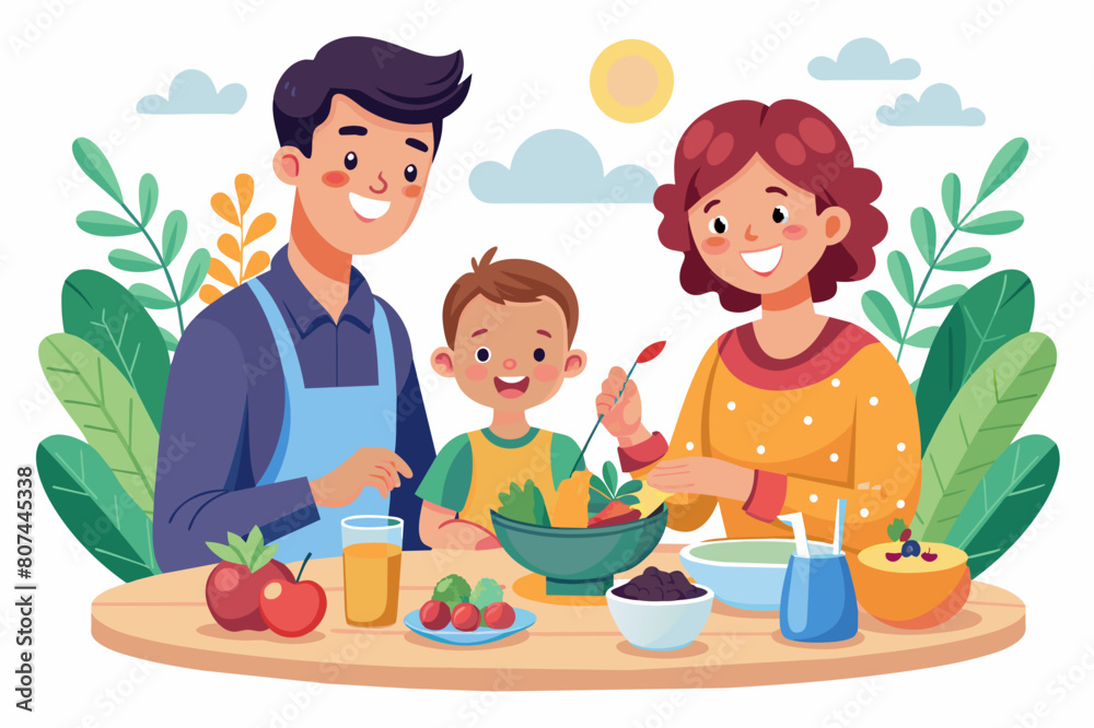 A family enjoying healthy food, a family eating healthy home-cooked food illustration A family enjoying healthy food, a family eating healthy home-cooked food illustration