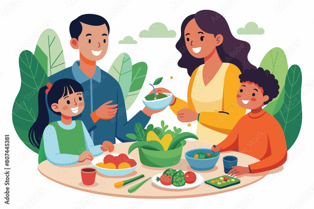 A family enjoying healthy food, a family eating healthy home-cooked food illustration A family enjoying healthy food, a family eating healthy home-cooked food illustration