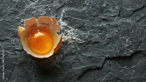 A cracked eggshell sits on a grey surface. The egg is still intact, but the shell is broken, revealing the yolk inside. The scene is simple and unadorned, with the focus on the egg and its shell