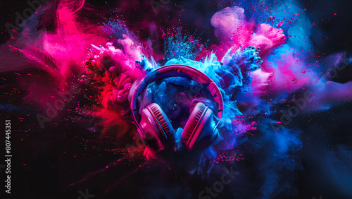 Headphones falling with colorful pigments power splash on black background. © Stewart Bruce
