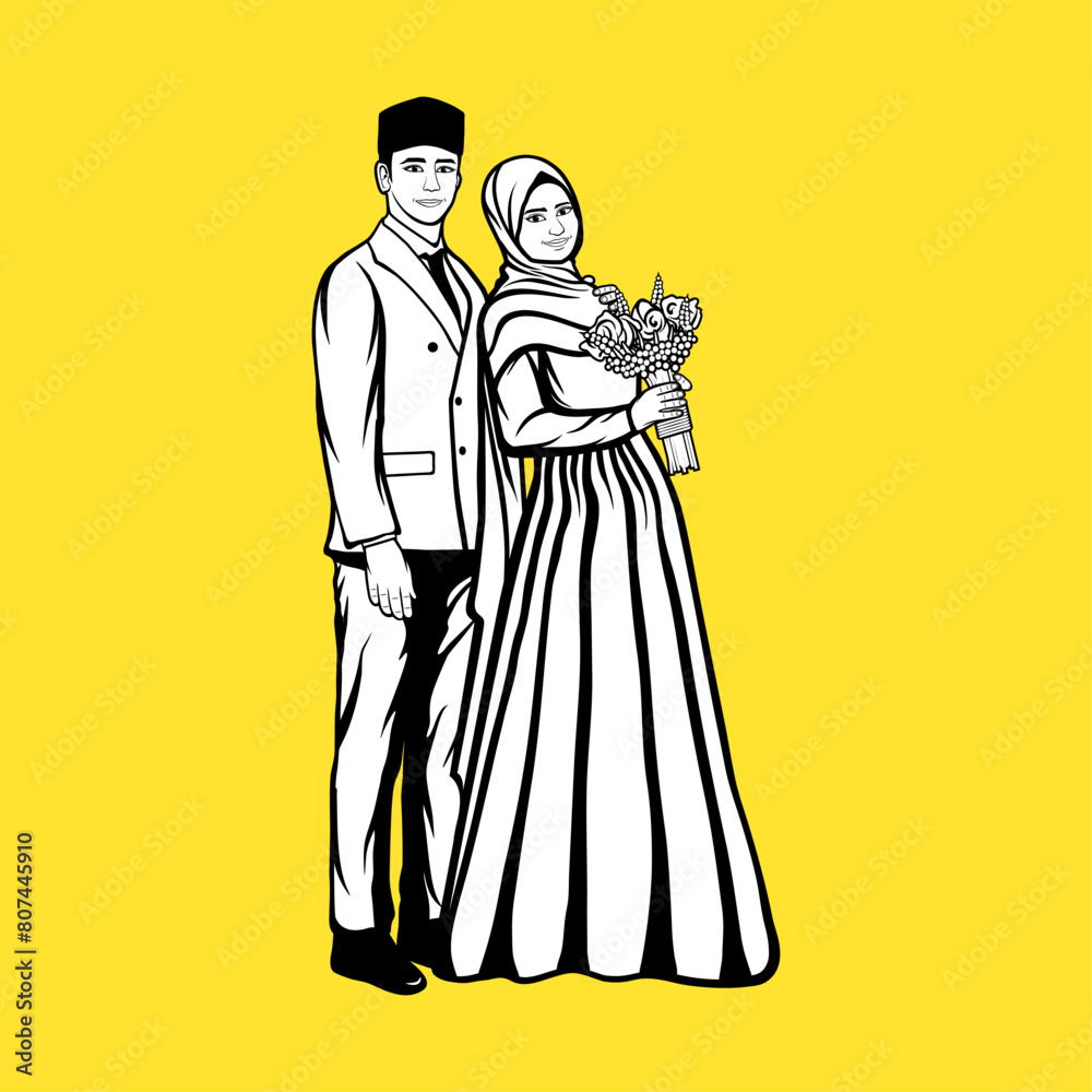 matching wedding moslem islamic couple wearing dongker suits, headscarves and blue dresses carrying flowers black and white line art