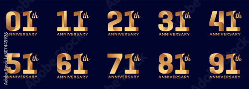 collection of anniversary logos from 1 year to 91 years with gold numbers on a black background for celebration moments, anniversaries, birthdays photo