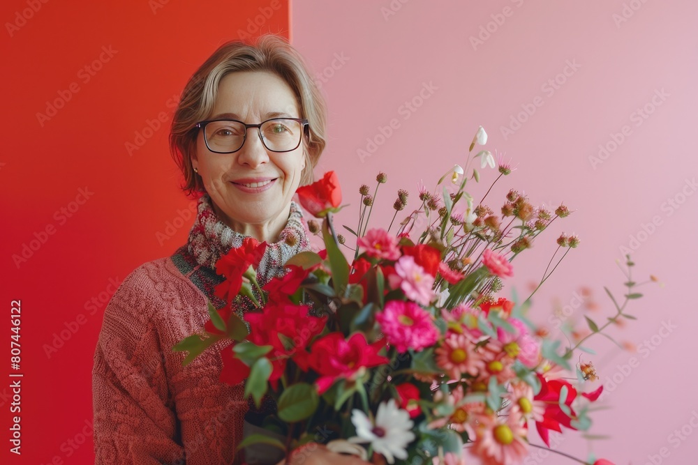 Radiant Mother's Day Bliss: Happy Mom Holding Gifts and Flowers on Pink and Red Background Radiant Mother's Day Bliss: Happy Mom Holding Gifts and Flowers on Pink and Red Background