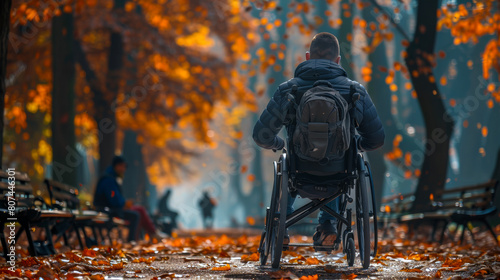 Man in wheelchair sitting alone in a in a park. 