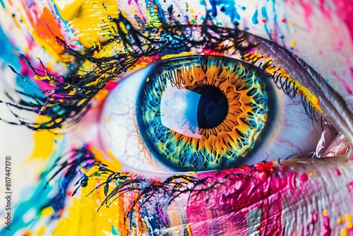 vibrant human eye with colorful paint drops abstract aigenerated artwork