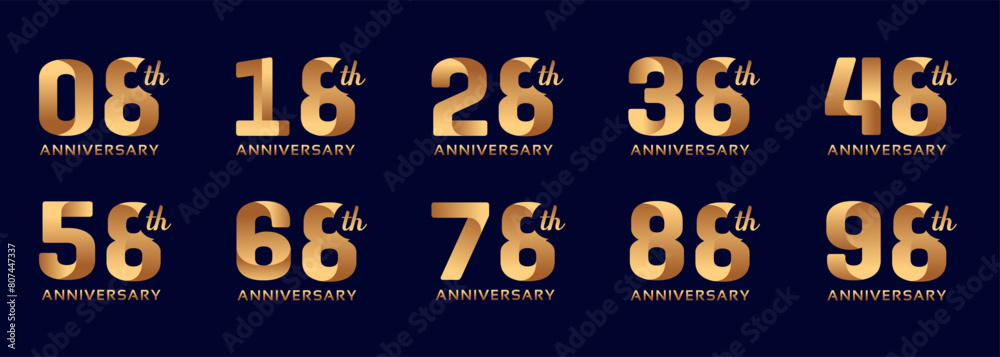 collection of anniversary logos from 8 years to 98 years with gold numbers on a black background for celebration moments, anniversaries, birthdays