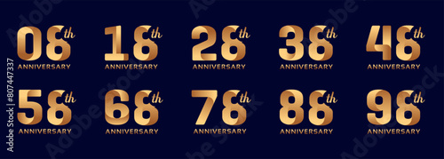 collection of anniversary logos from 8 years to 98 years with gold numbers on a black background for celebration moments, anniversaries, birthdays photo
