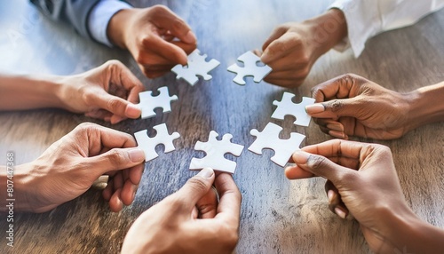 close-up of hands holding puzzle pieces, cooperation, mutual aid, strategy photo