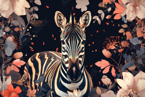 zebra abstract portrait floral elements creative animal illustration modern digital art