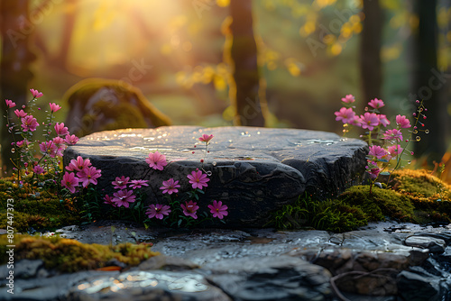 Stone podium at magic forest, plants, green moss, herbs, dew - 3D mockup background beauty product presentation concept. Copy space platform for Cosmetics, perfume fashion sales advertising stand.