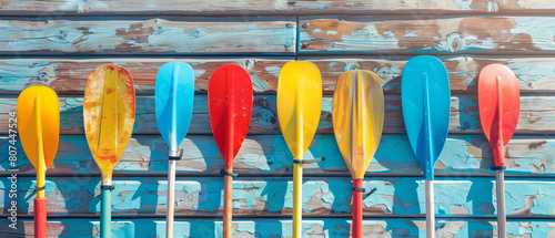 Colorful canoe paddles on wooden pier, perfect for summer background.