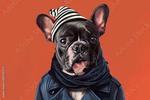 adorable french bulldog dressed as stereotypical frenchman humorous pet portrait digital illustration photo
