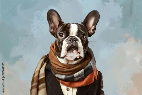 adorable french bulldog dressed as stereotypical frenchman humorous pet portrait digital illustration photo