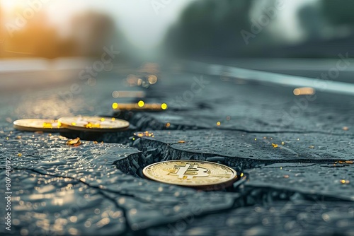 damaged asphalt road with gold coins in cracks corruption and bribery issues concept illustration photo