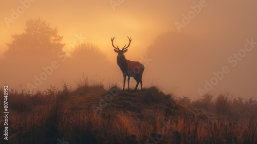 A majestic red deer with impressive antlers stands tall  surrounded by a misty landscape at sunrise