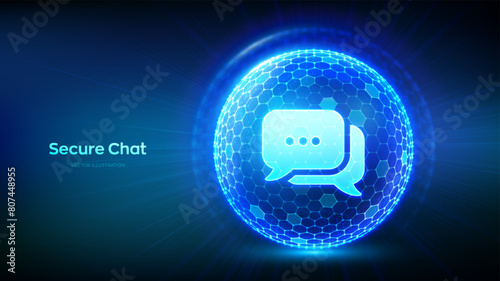 Secure chat. Private data protection. Chatting, message box. Protected social network communication concept. Abstract 3D sphere with surface of hexagons with speech bubble icons. Vector illustration.