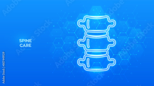 Spine icon. Spine health. Back pain spine treatment, Physiotherapy, Diagnostics concept. Molecular structure. Blue medical background with hexagons. Vector illustration