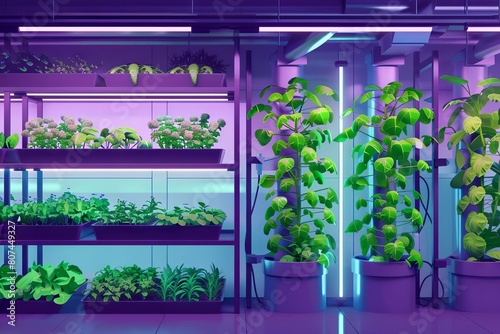 hydroponic vertical farming with lush green plants and artificial led lighting sustainable agriculture concept illustration