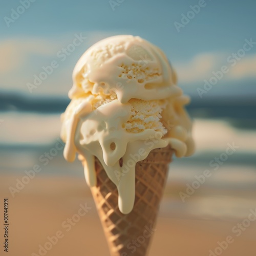 A melting ice cream cone on a sandy beach.