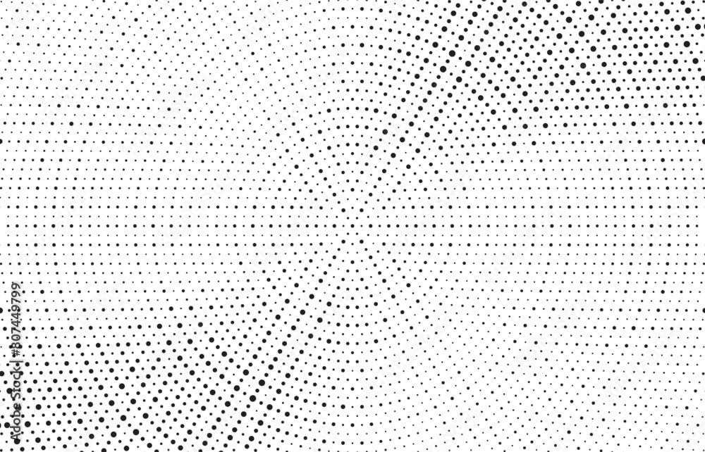 Abstract radial halftone gradient background. Dotted concentric texture with fading effect. Black and white circle shade wallpaper. Grunge rough vector. Monochrome dotted backdrop design element.