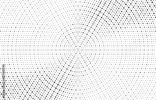 Abstract radial halftone gradient background. Dotted concentric texture with fading effect. Black and white circle shade wallpaper. Grunge rough vector. Monochrome dotted backdrop design element.