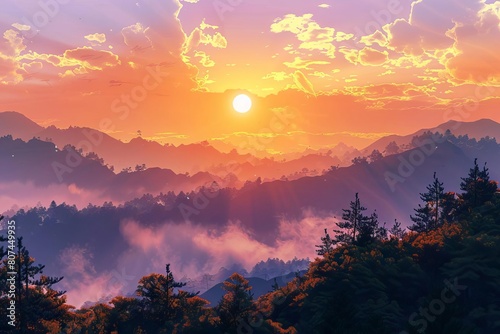 majestic sunrise over misty mountains breathtaking landscape aigenerated realistic illustration