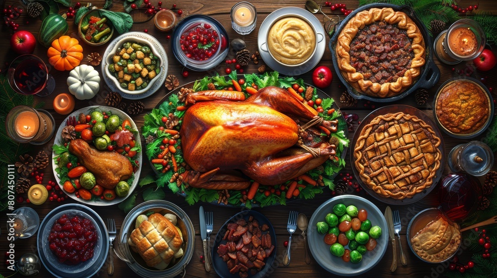 A Large Turkey Is Surrounded by a Variety of Other Foods on a Wooden Table - Generative AI