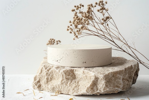 Background for cosmetic products of natural beige color. Stone podium and dry flower on a white background. Front view - generative ai