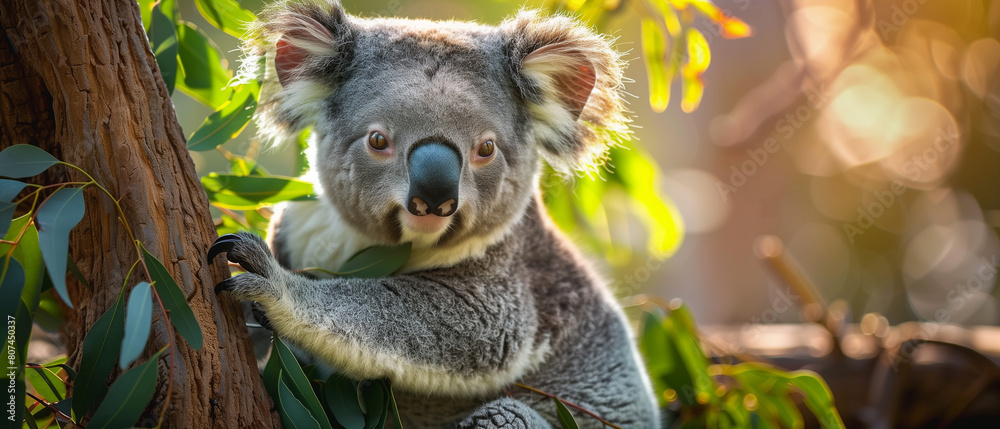 Adorable koala bear feasting on leaves while sitting on tree branch Adorable koala bear feasting on leaves while sitting on tree branch