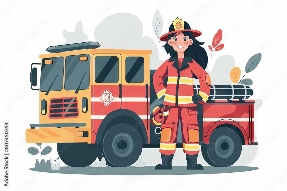portrait of happy asian girl in firefighter uniform with fire truck inspiring career concept illustration portrait of happy asian girl in firefighter uniform with fire truck inspiring career concept illustration