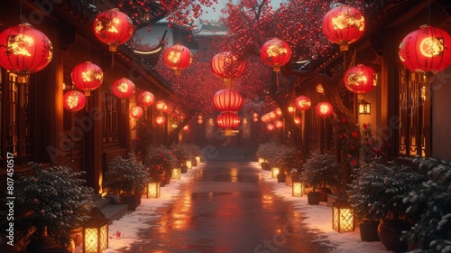 A Long Walkway Lined With Red Lanterns and Snow Covered Trees in the Background - Generative AI