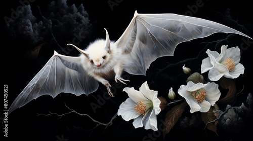 This is a photo of a white bat flying towards a flower
