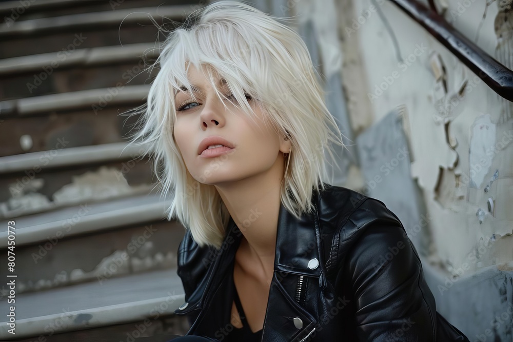 stylish modern woman with platinum blonde hair city street fashion lifestyle photography