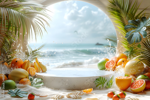 Empty stylish beach podium 3D mockup background for beauty product presentation concept. Summer copy space platform surrounded by palm leaves . Cosmetics, perfume or home goods sales advertising stand