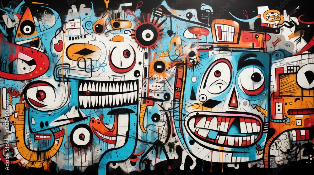 Obraz premium Create a colorful and abstract graffiti mural filled with cartoon characters and vibrant colors.