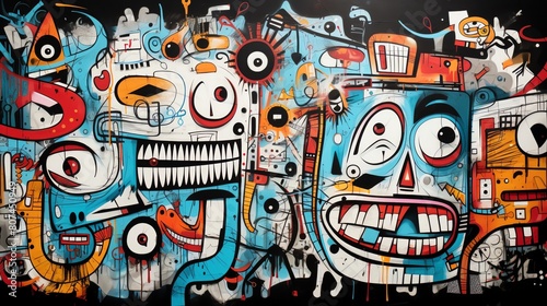 Create a colorful and abstract graffiti mural filled with cartoon characters and vibrant colors.