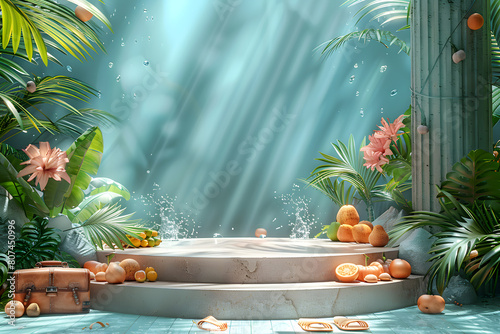 Empty stylish podium 3D mockup background for beauty product presentation. Summer transparent copy space platform surrounded by palm leaves . Cosmetics, perfume or home goods advertising stand.