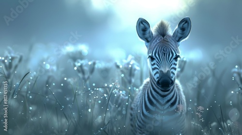 A Close up of a Zebra Standing In Tall Grass With Blue Sky in the Background - Generative AI